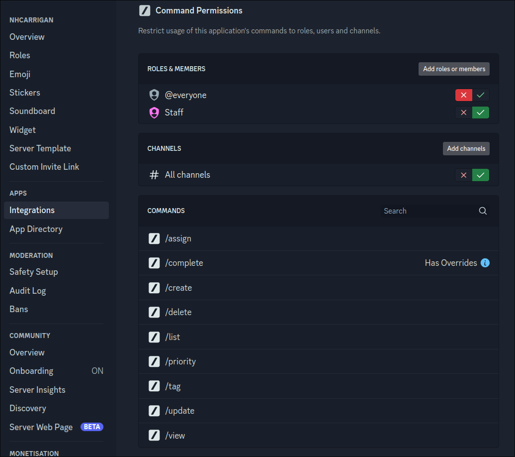 Discord's command permissions screen, with the everyone role denied access, the Staff role granted access, and the complete command indicating it has overrides