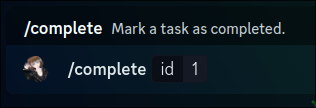 A discord slash command named Complete, taking a task argument