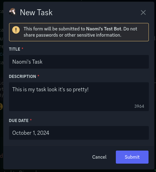 A discord modal titled New Task, with title, description, and due date fields.