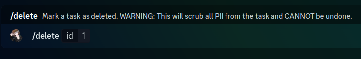 A discord slash command named Delete, which takes a task argument