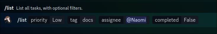 A discord slash command named List, which takes priority, tag, assignee, and completed arguments