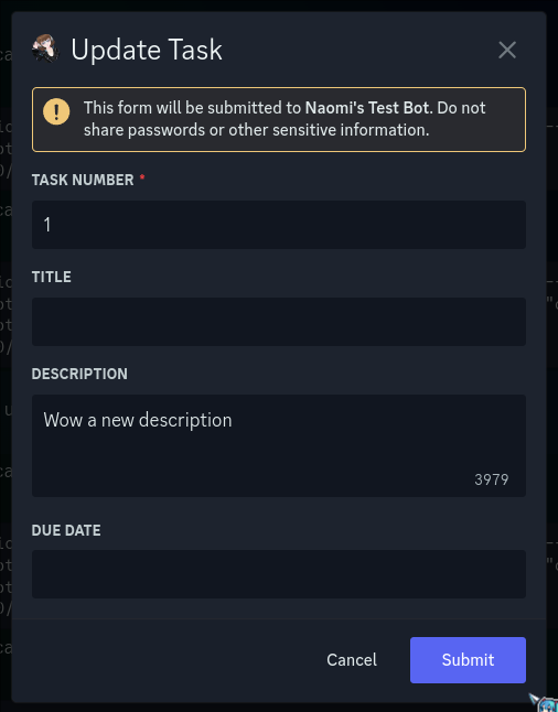 A discord modal titled Update Task, with title, description, and due date fields.