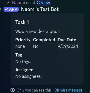 A discord embed showing the details of a task, including the title, description, due date, tags, and priority