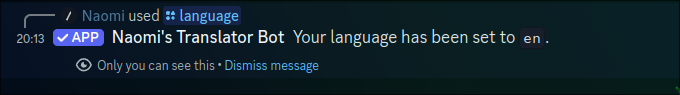 A Discord ephemeral response, with the text "Your language has been set to en."