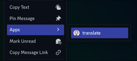 A Discord message context menu, with the translate command highlighted